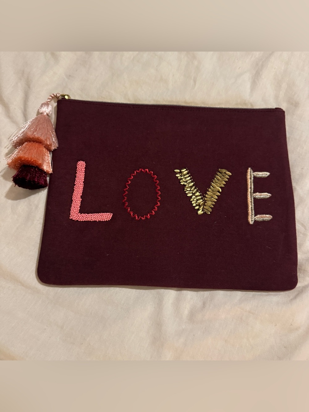 Stella & Dot Pegasus "LOVE" Embroidered Velvet Pouch Clutch Burgundy Red NWOT